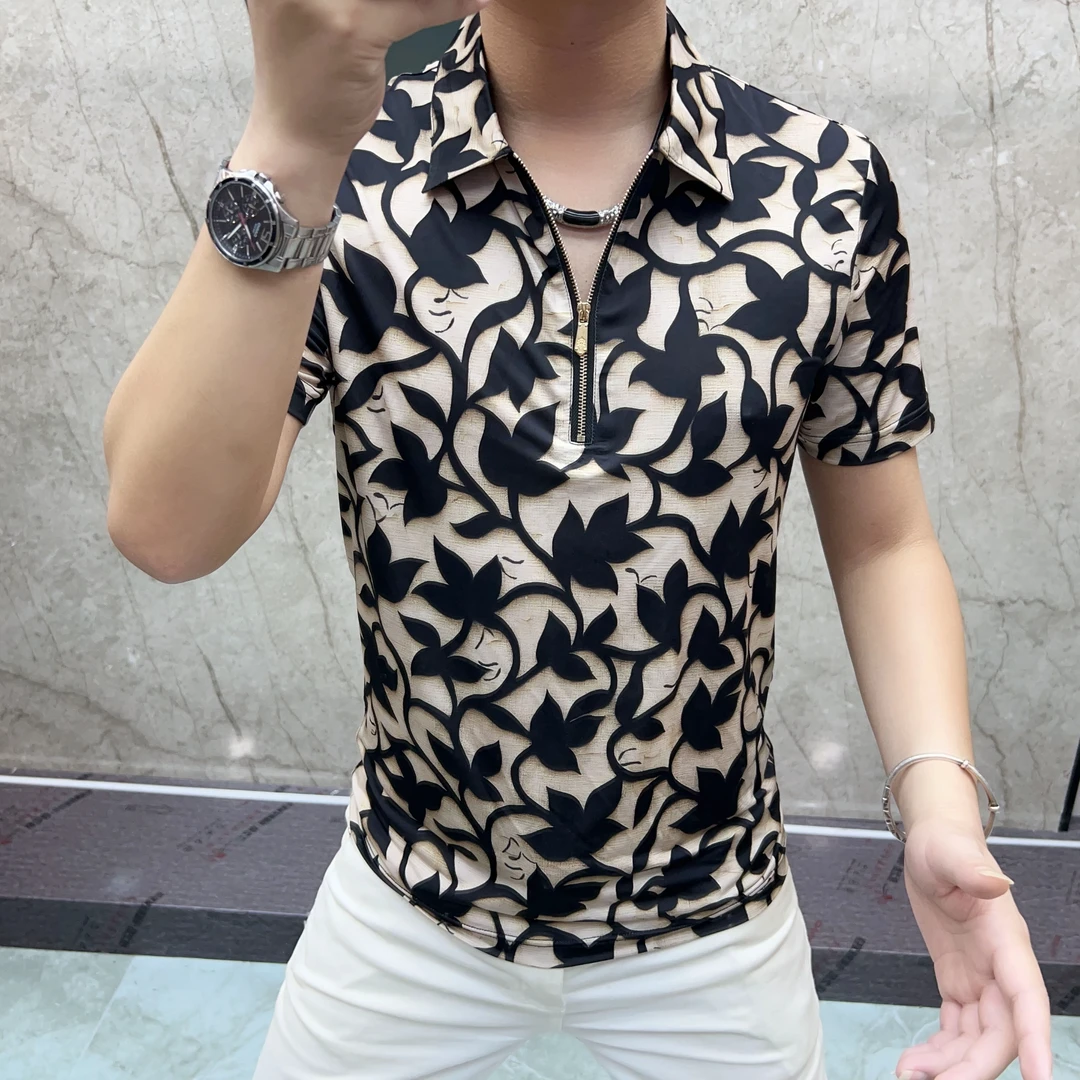 男士纽扣格纹花翻领吸汗薄款衬衫复古小众印花复古风