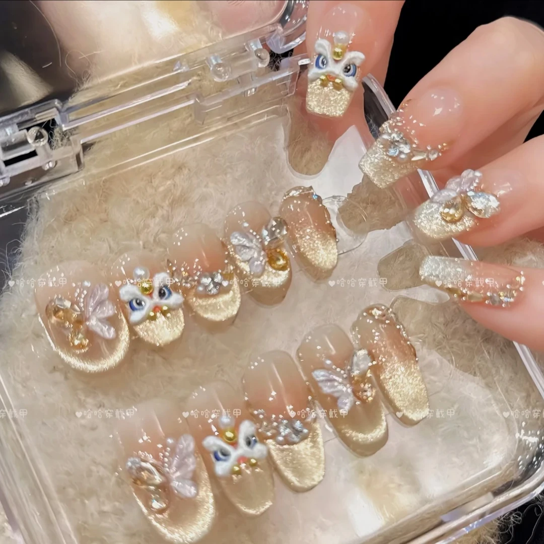 【烫金醒狮】轻奢高级少女系新年立体烫金猫眼纯手工穿戴甲