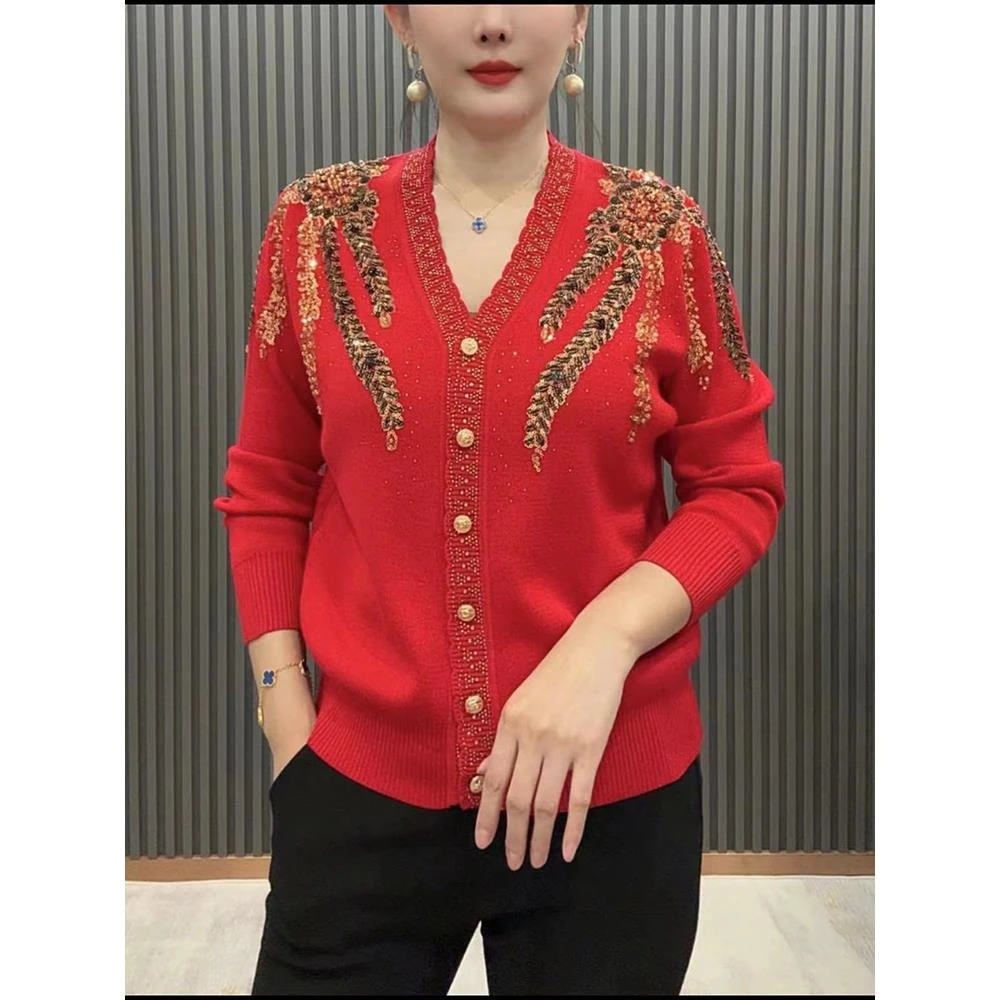 早秋冬穿搭重工镶钻亮片大码女装针织开衫女V领毛衣排扣外套上衣