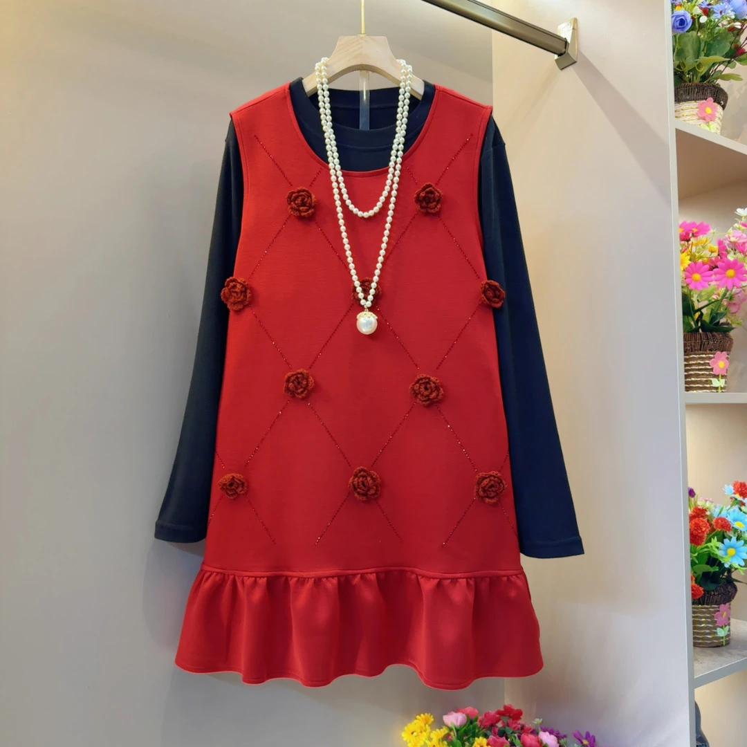 格子花朵网红真两件连衣裙时髦气质裙长83左右