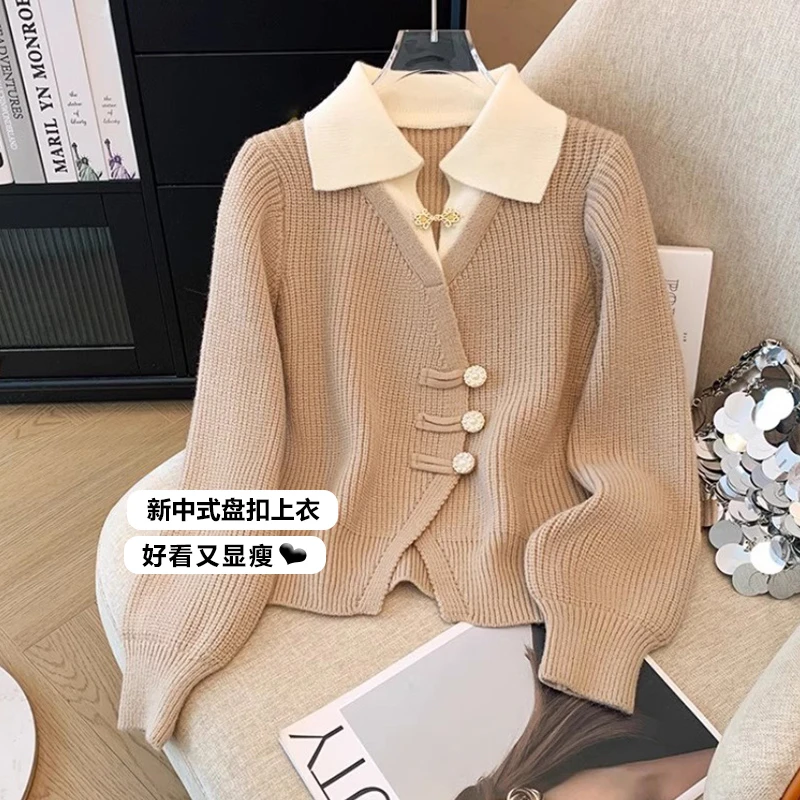 新中式国风盘扣polo领正肩针织衫毛衣女秋冬大码微胖mm假两件上衣
