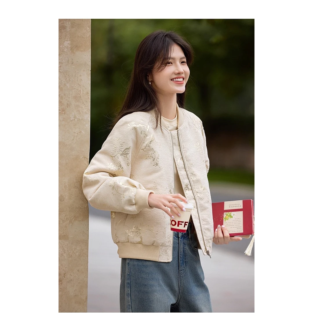 新中式提花肌理感棒球服外套女2025秋季今年流行国风夹克上衣