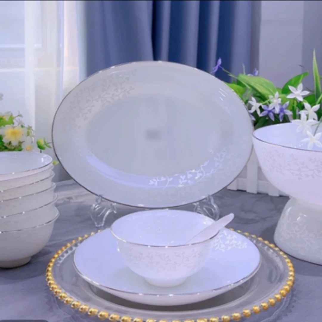 暗香浮动玉瓷轻奢骨瓷碗中式陶瓷碗盘碗筷餐具套装网红碗盘组合