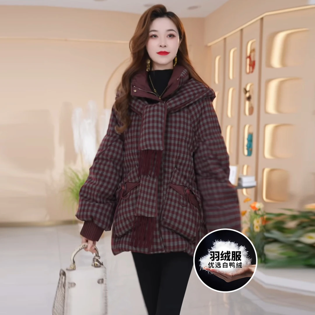 格纹连帽羽绒服女2025冬季新款时尚减龄宽松显瘦保暖白鸭绒外套