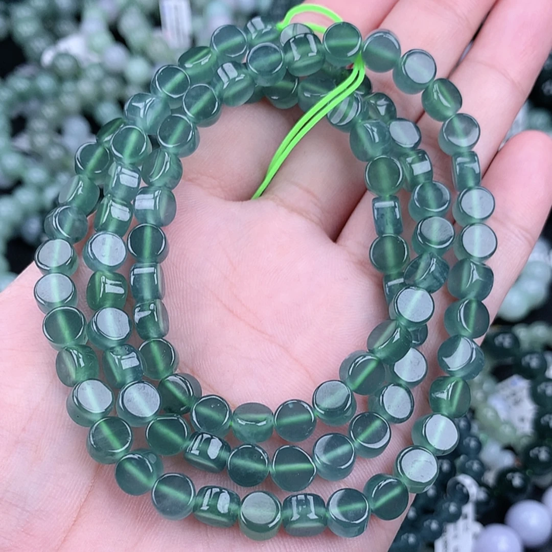 正品天然翡翠A货7-8冰种满绿蓝水片珠翡翠珠链冰透时尚百搭绿色款