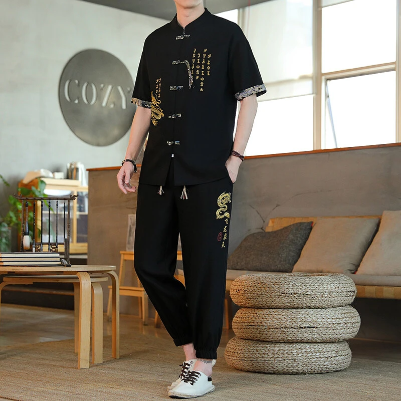 夏季新款男士短袖T恤中国风套装国潮复古中式盘扣开衫唐装两件套