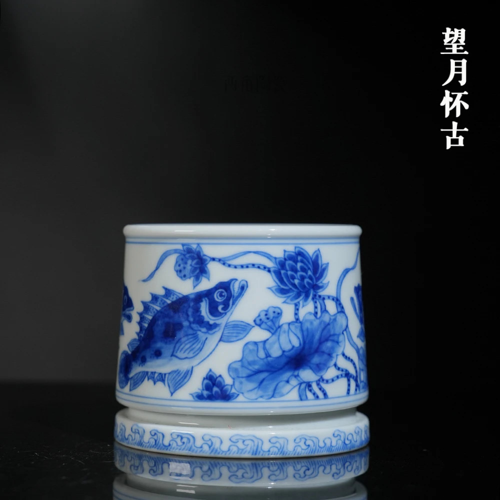 望月怀古和为贵来运转杯130ml 景德镇手工中式青花手绘主人杯单杯