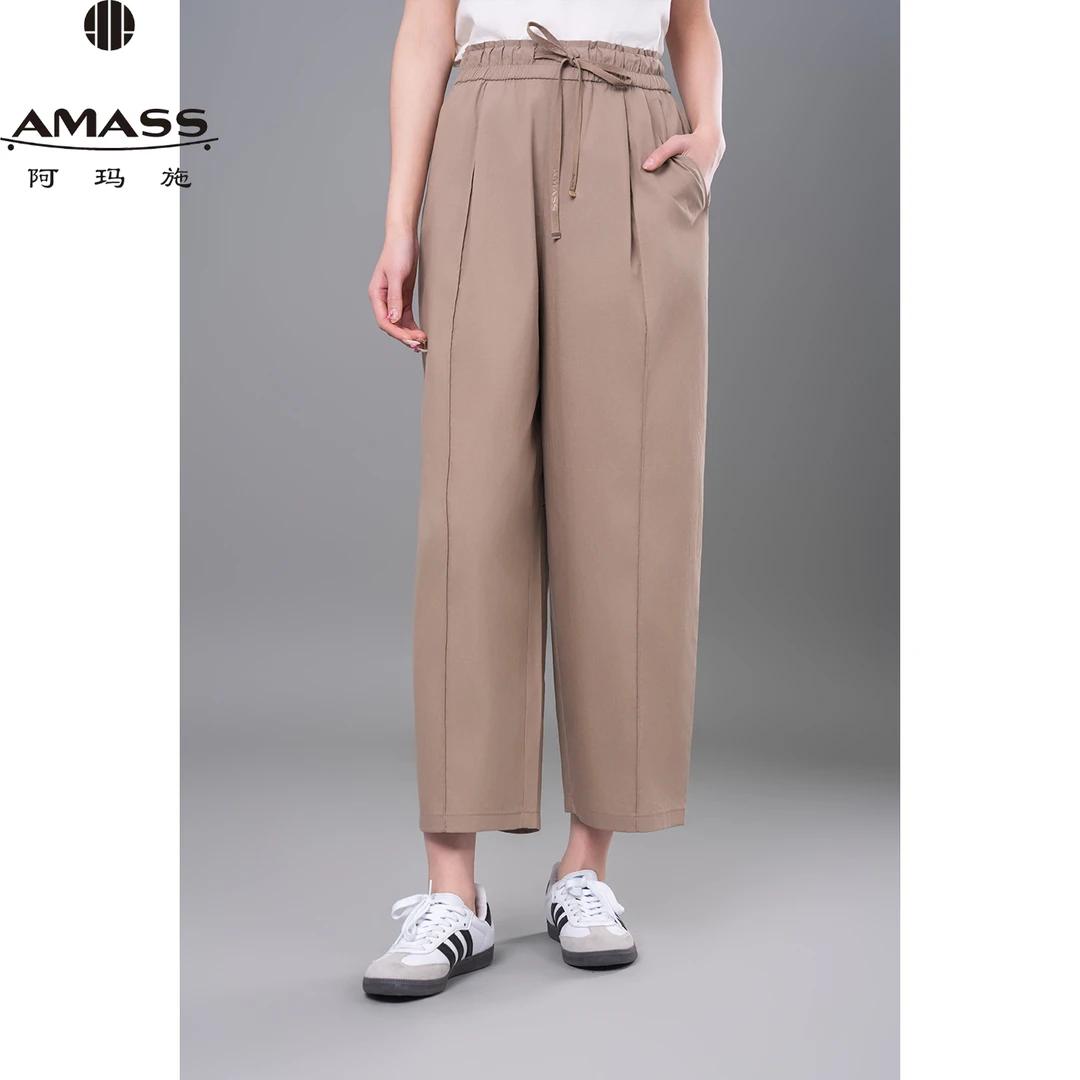 AMASS/阿玛施早春新款时尚老钱风松紧腰九分阔腿工装裤女 5100365