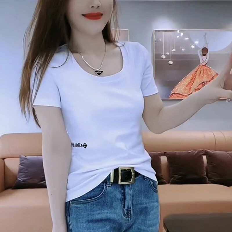 夏季新款欧洲站时尚打底衫休闲百搭U领短袖字母t恤女装上衣潮