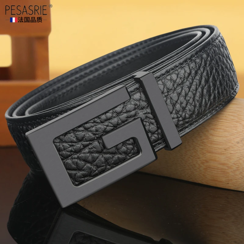 新款平滑扣内穿G字母男士皮带真皮时尚百搭3.8宽裤腰带高档礼物