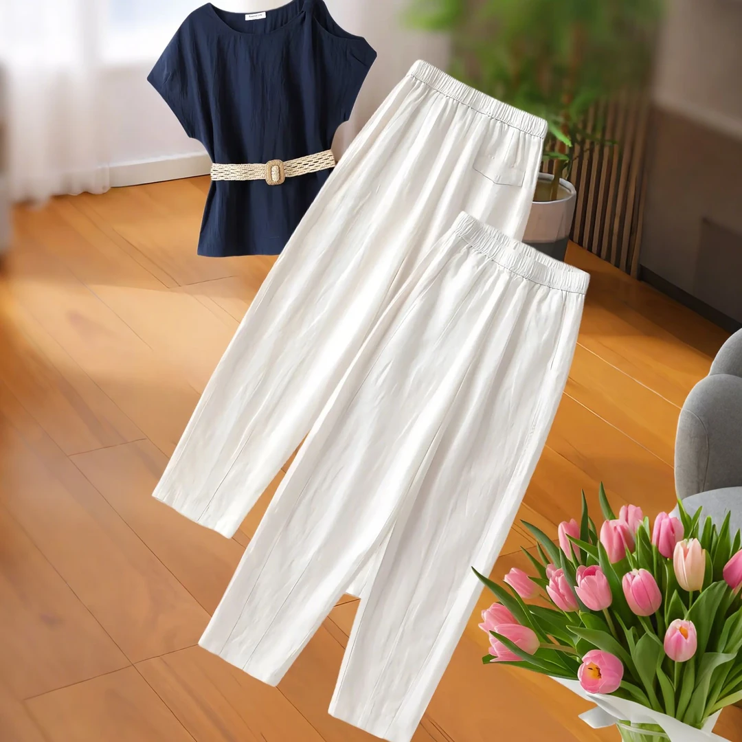 九分天丝亚麻休闲哈伦裤女2025春夏季新款松紧高腰显瘦薄款直筒裤