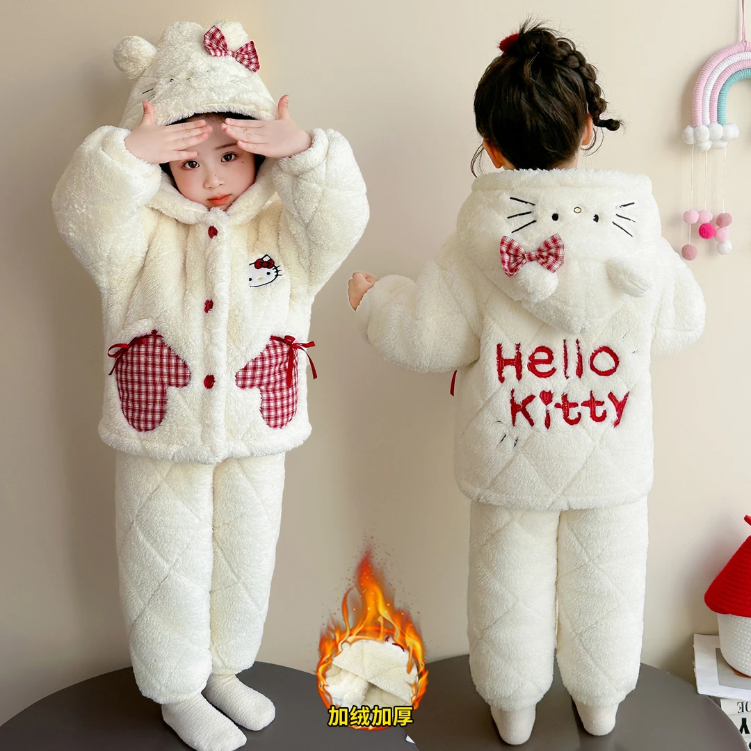 儿童睡衣2025新款冬加厚女童珊瑚绒套装宝宝三层夹棉加厚保暖棉衣
