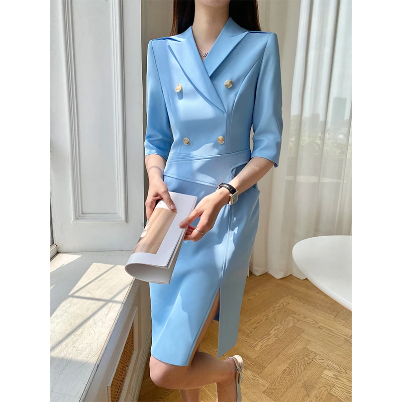 D095(清)套头夏季高腰中长裙西装领连衣裙双排扣