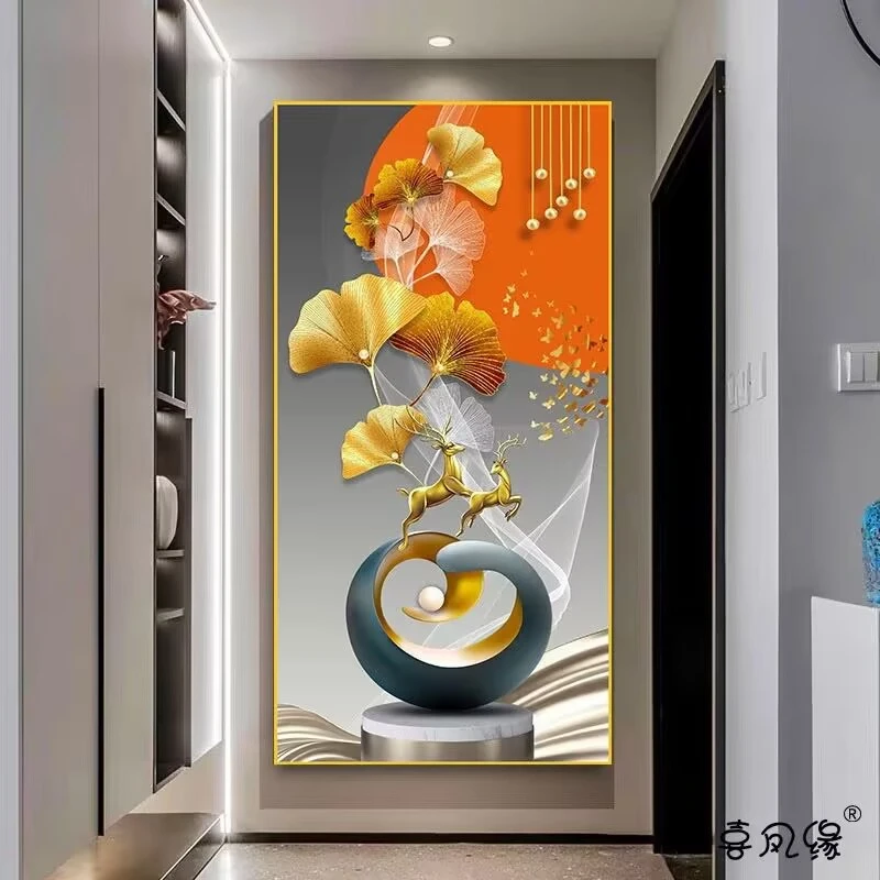 进门自粘画装饰画玄关麋鹿中式客厅墙贴画过道走廊竖版背景墙纸