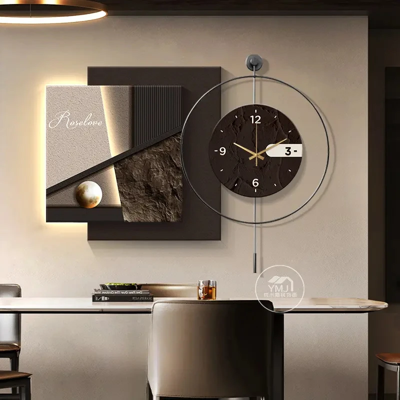 意式极简餐厅装饰画带钟表轻奢高级感饭厅壁画灯光画2025新款挂画