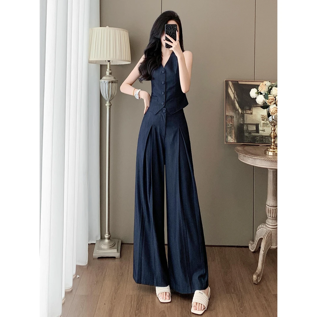 高级小众不撞款套装女夏气质显瘦牛仔马甲阔腿裤小香风通勤两件套