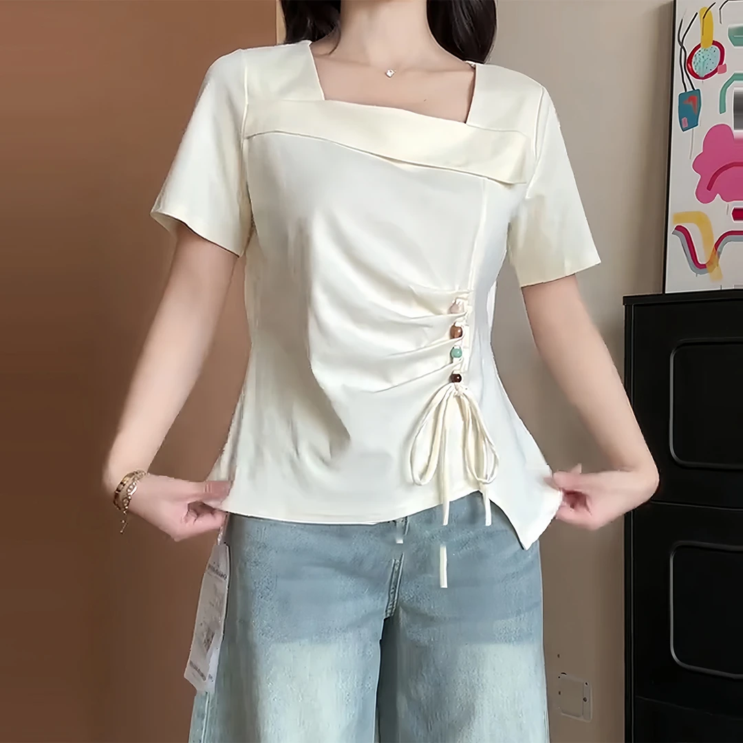 大码设计感褶皱短袖t恤女夏季胖mm显瘦修身独特小众遮肉正肩上衣