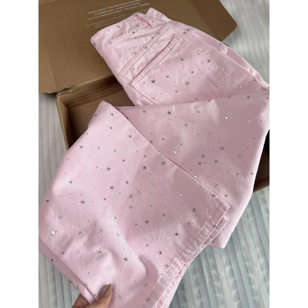 大码美式复古设计感星星牛仔裤女2025夏季新款高腰显瘦直筒阔腿裤