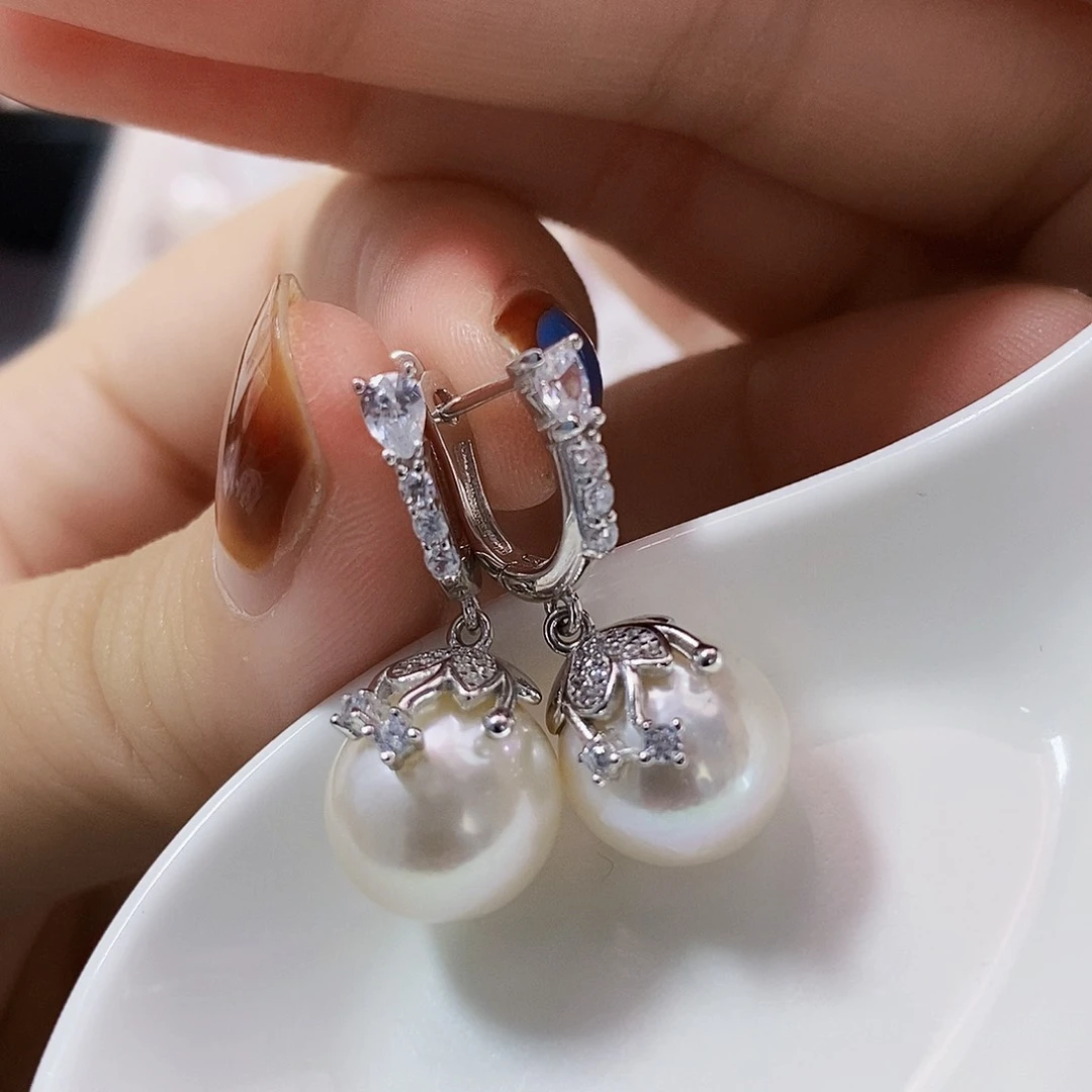 银S925镶嵌特价极光耳饰11-12m m淡水珍珠