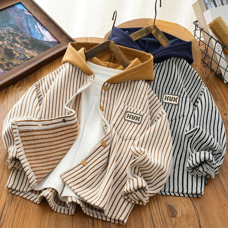 儿童条纹外套2025新款上衣韩版百搭男童假连帽宝宝衬衫初秋季卫衣