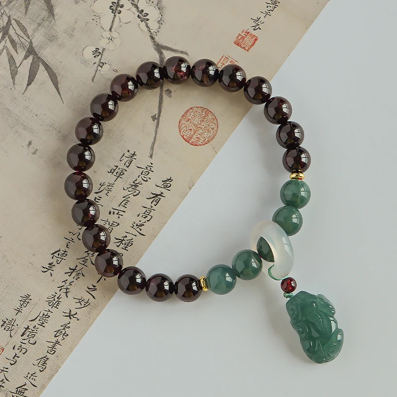 天然石榴石紫牙乌搭配蓝水翡翠貔貅百搭款手链 多样性发一-7041