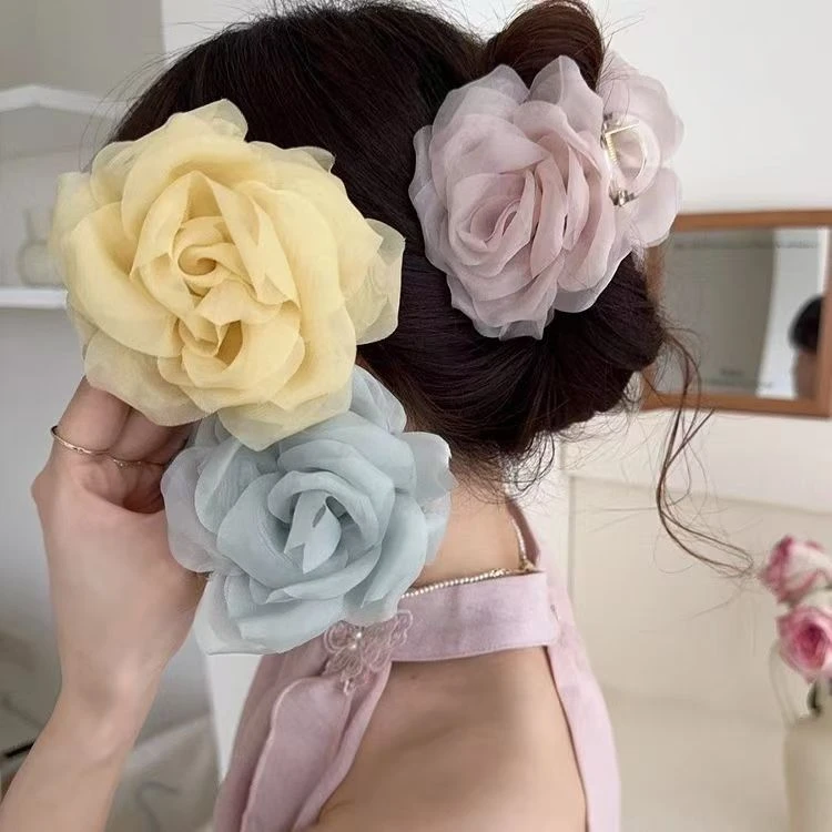 轻纱玫瑰花朵抓夹高级感气质盘发鲨鱼夹发卡发饰超仙韩式甜美