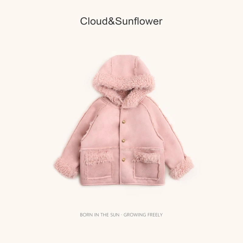 【云朵小葵】女童秋季新款四粒扣皮毛一体绒绒连帽外套555300