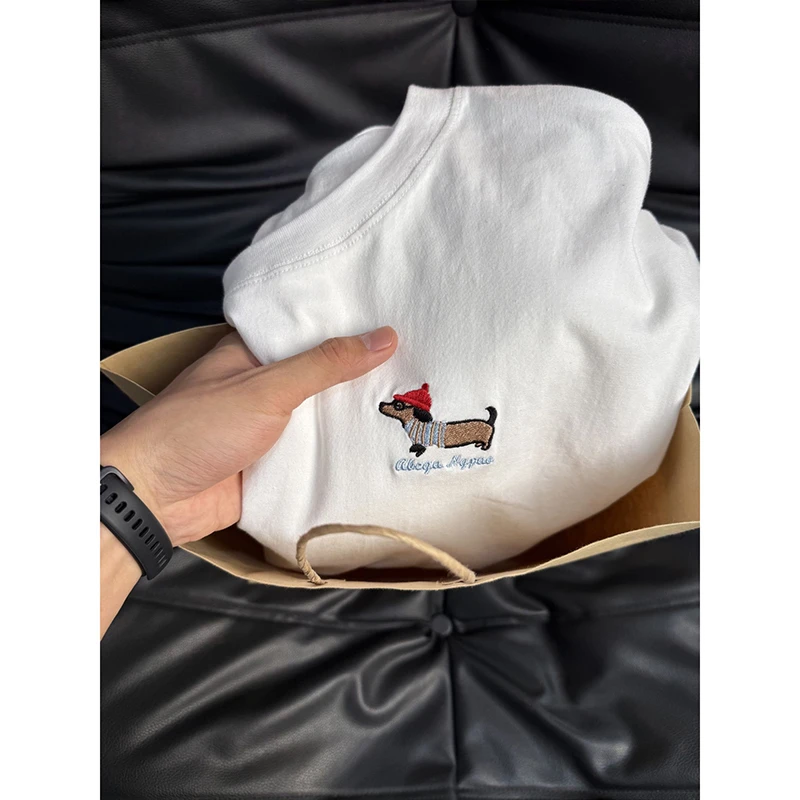 高克重磅小狗刺绣T恤男夏季美式正肩小领口短袖oversize情侣半袖