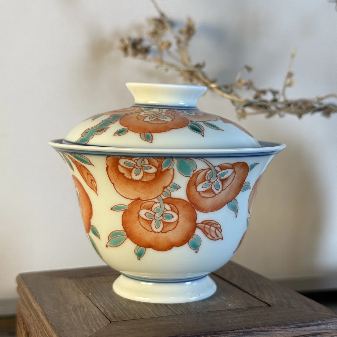 雨溪 红绿彩丹柿盖碗 00006