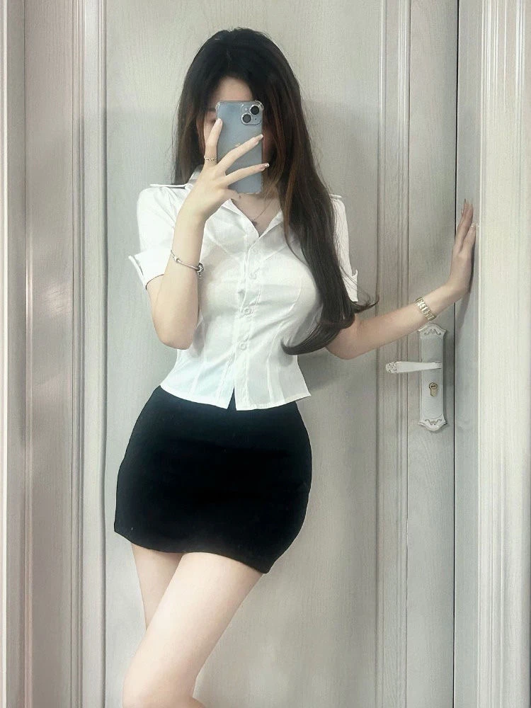 纯欲收腰jk白色衬衫女短袖夏季修身衬衣短裙设计感上衣工作套装女