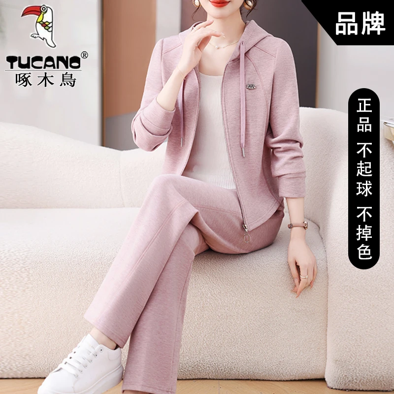 啄木鸟早秋休闲运动连帽套装女春秋季新款长袖中年妈妈洋气两件套