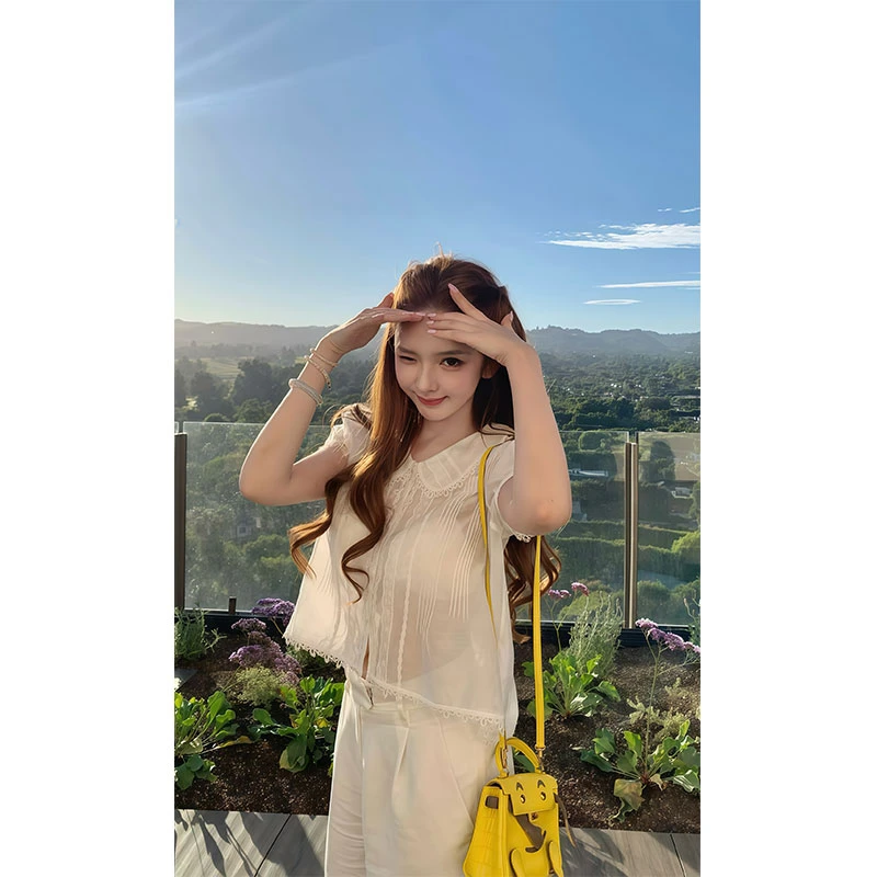 法式甜美娃娃领高级感显瘦衬衫夏季新款百搭小众上衣配休闲裤套装