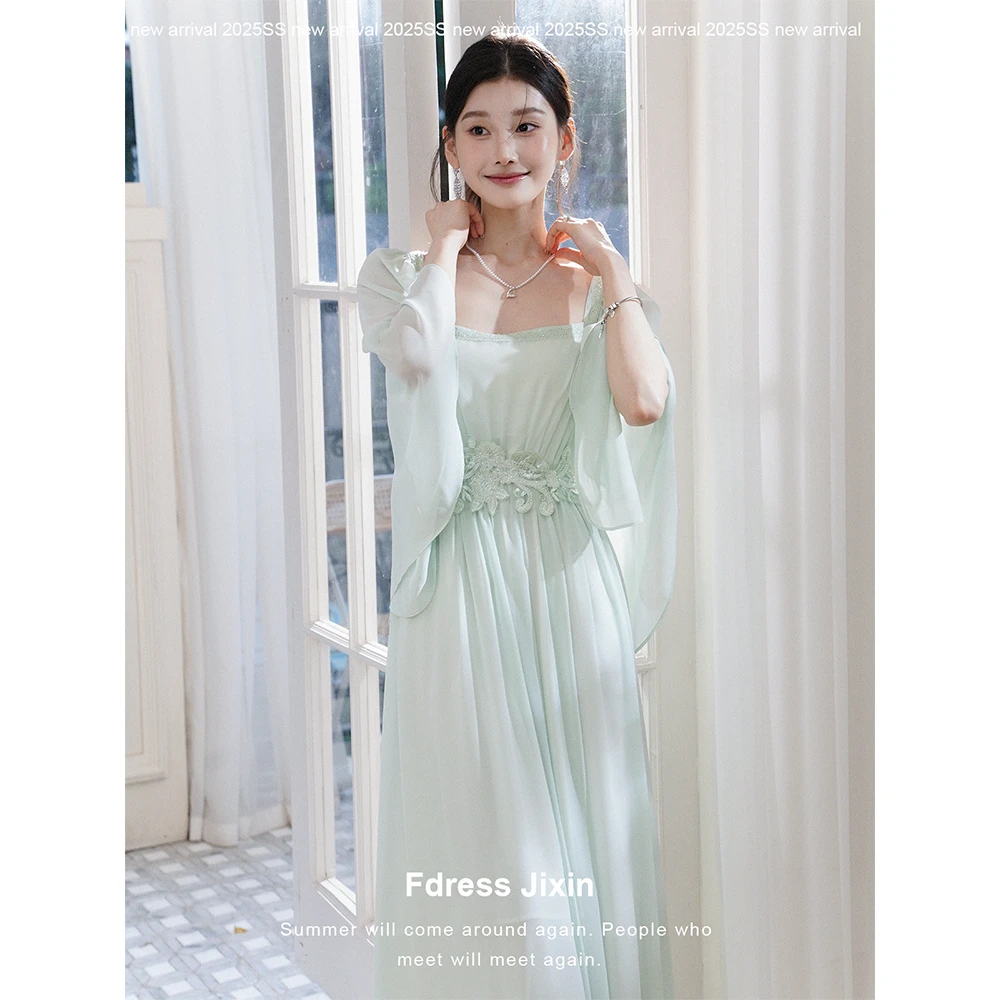 Fdress寄信/梦幻浅绿色法式复古风仙女裙重工手缝刺绣连衣裙