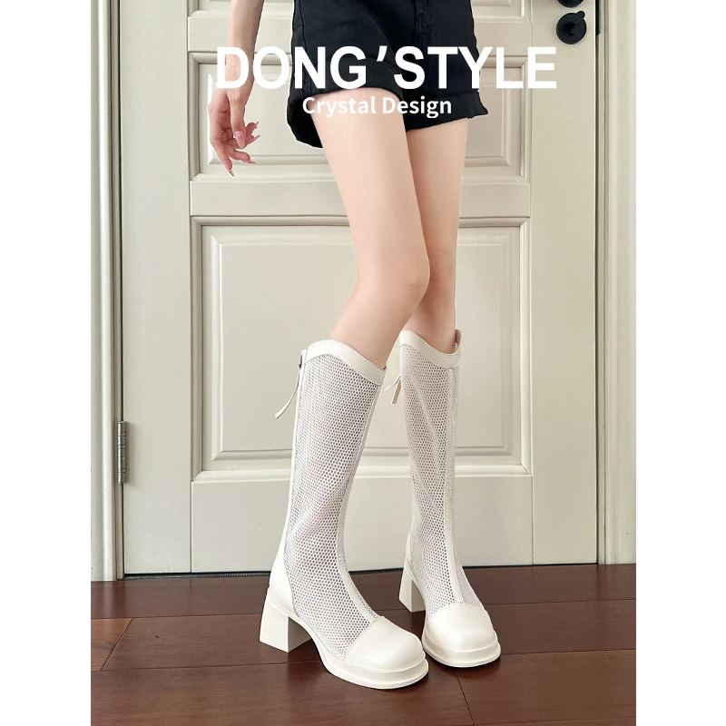 长靴女2025年秋季新款网红气质网纱长筒凉靴高跟瘦瘦靴粗跟骑士靴