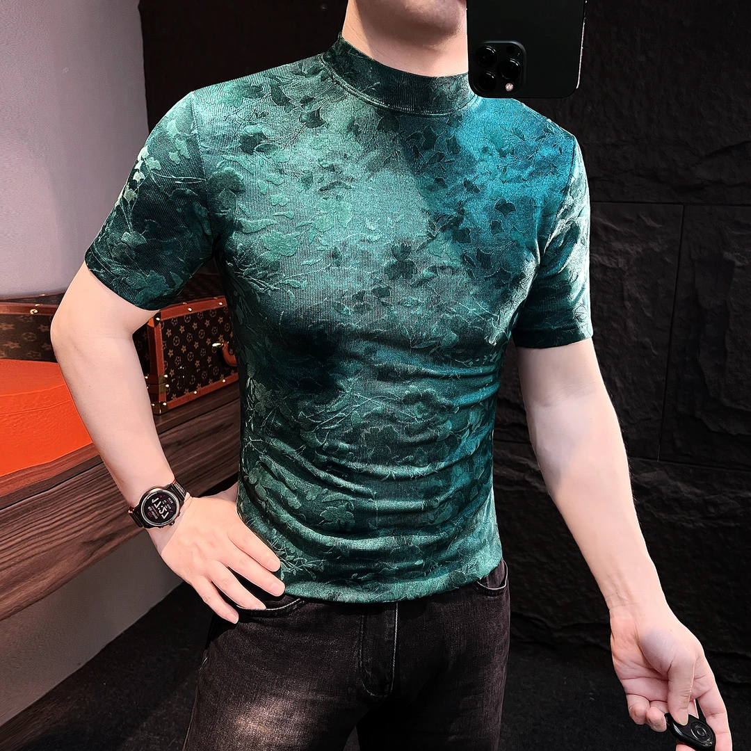 植绒男士短袖t恤2025新款爆款网红洋气炸街男装秋季中领男款上衣