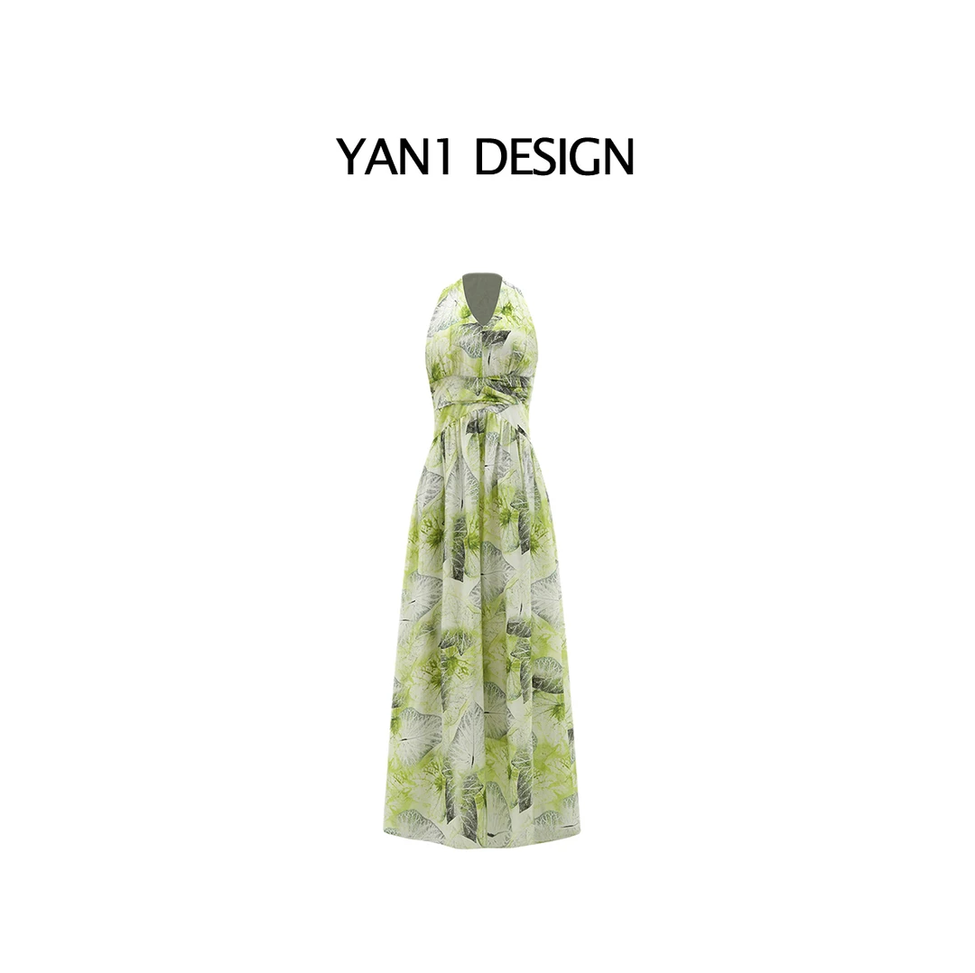 Yan1Design/妍妍【青柠罗勒】夏季新品收腰设计度假风挂脖连衣裙
