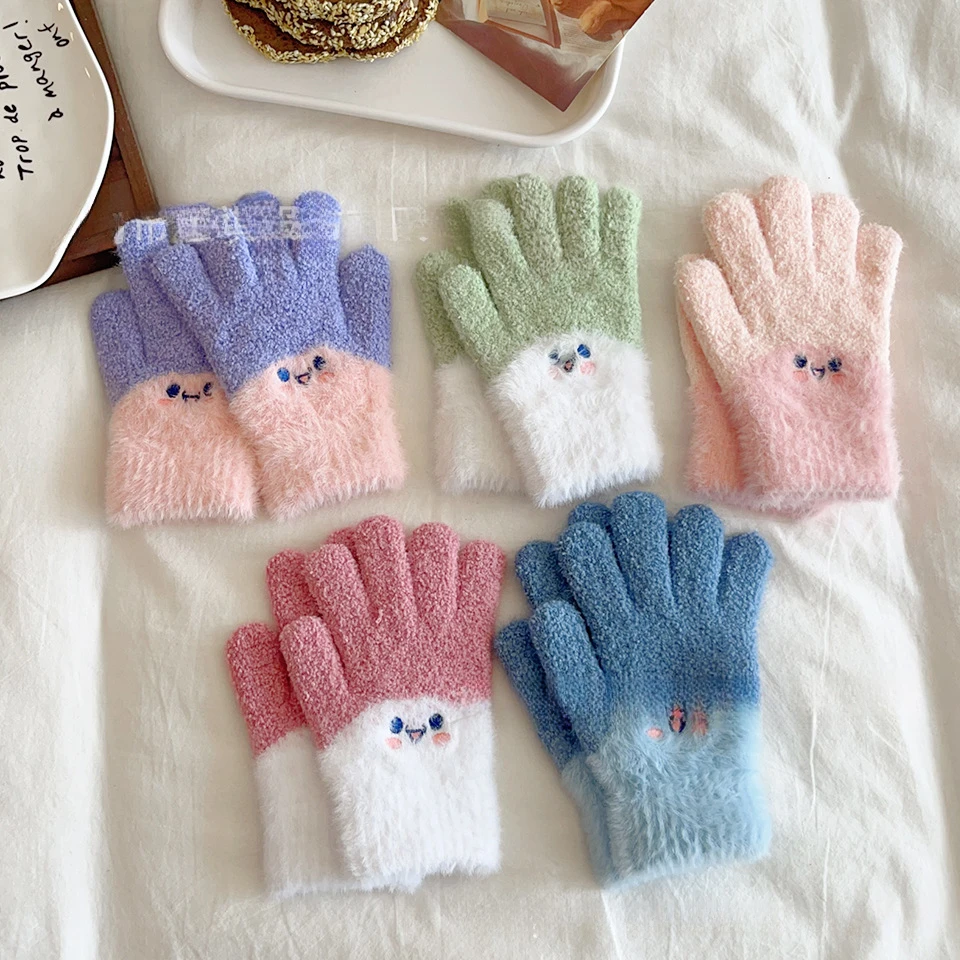 小学生大童手套冬季防寒加厚写字防冻手五指韩版可爱笑脸刺绣7-15