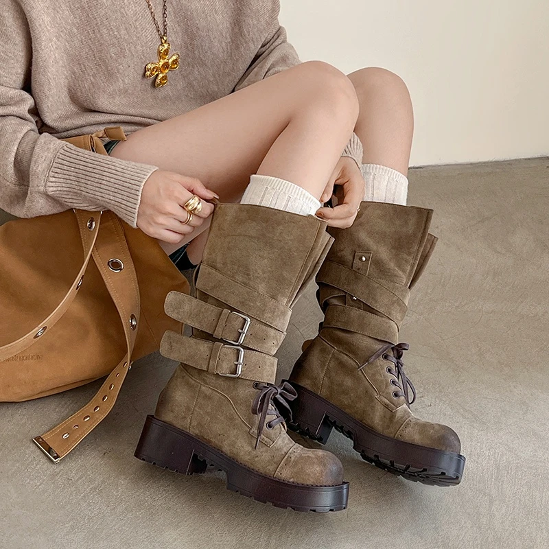 百搭厚底增高时装靴女2025新款秋季复古风小个子高跟中筒靴子