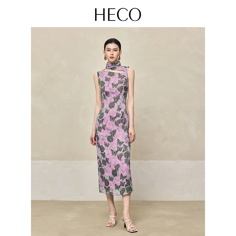 HECO【仙降】新中式国风2025夏季新品烧花镂空修身气质显瘦连衣裙女