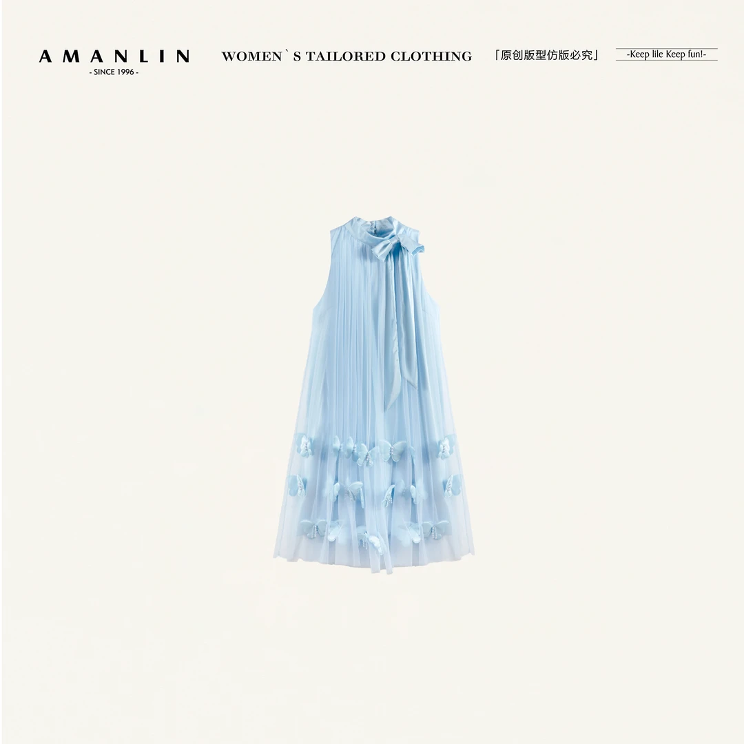 AMANLIN/阿谩琳欧若风蝴蝶结下摆网纱拼接立体蝴蝶连衣裙F598237