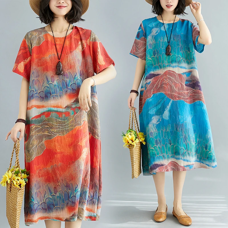 2025夏季新款文艺宽松显瘦中长款印花连衣裙女装