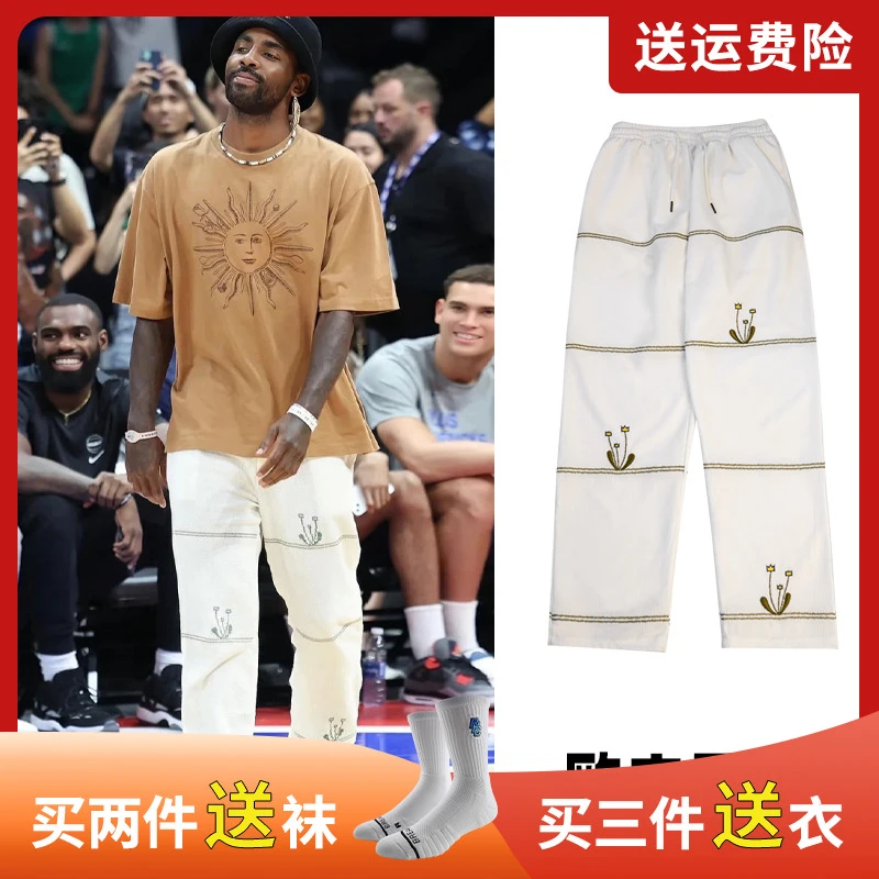 欧文做旧纹理刺绣仙人掌运动长裤春夏美式篮球训练裤宽松直筒卫裤
