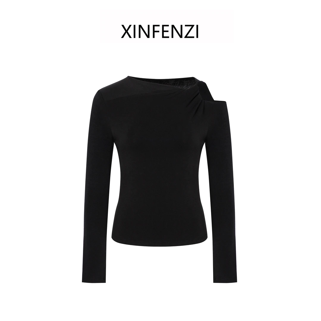 【菲尔丝】XINFENZI 不规则扭结气质显瘦露肩针织上衣 WS34454