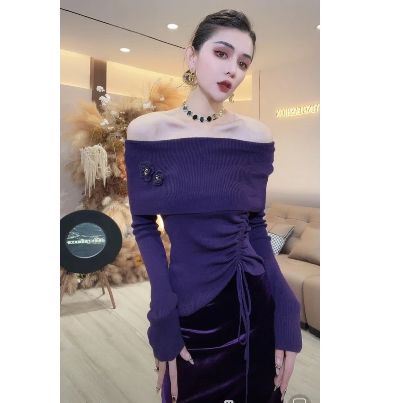 【YING FASHION】莹老板-时尚气质百搭露肩抽绳毛衣 90970245 549