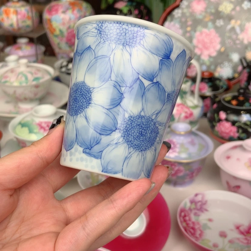 【闪购商品】景德镇手绘青花向日葵可乐杯