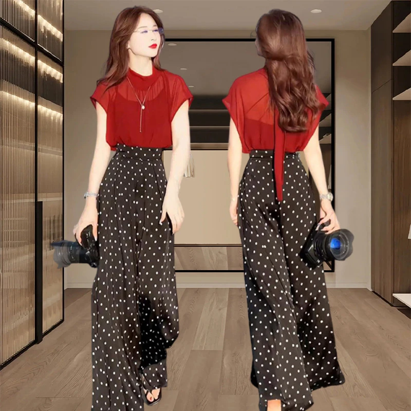 气质温柔风套装女2025夏季新款氛围感通勤雪纺上衣阔腿裤两件套女