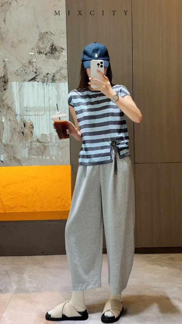 【亚楠本楠】条纹控◆真丝苎麻超薄超凉快设计款条纹撞色针织衫7795