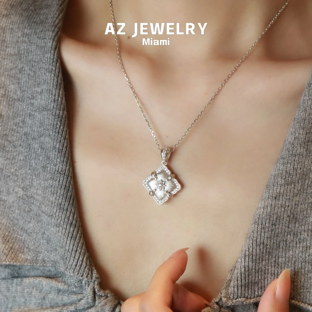 坠链均925银合成锆石 【拉丝四叶花】银色布契风轻奢项链小众设计感