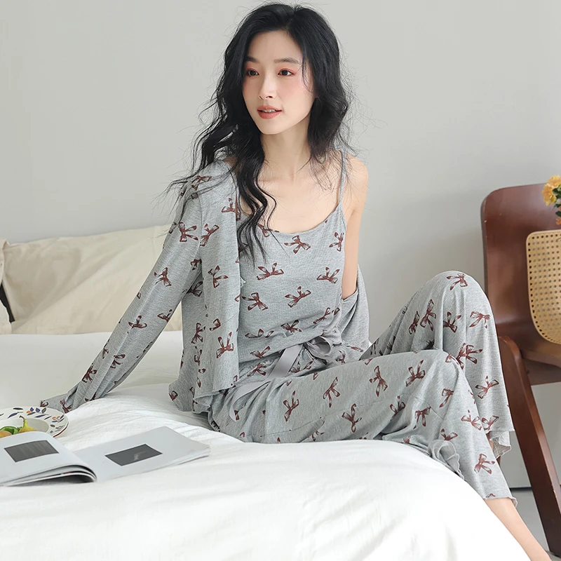【带胸垫三件套】2025新款睡衣女士冰丝长袖吊带长裤灰色蝴蝶家居服