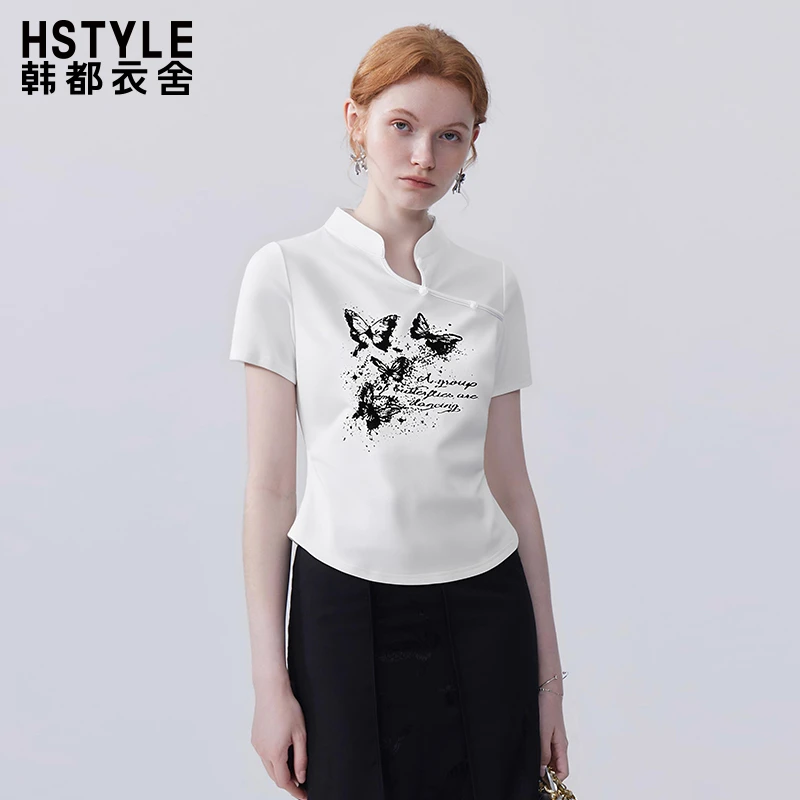 韩都衣舍时尚立领蝴蝶镂空短袖T恤女复古美式辣妹修身上衣夏季新